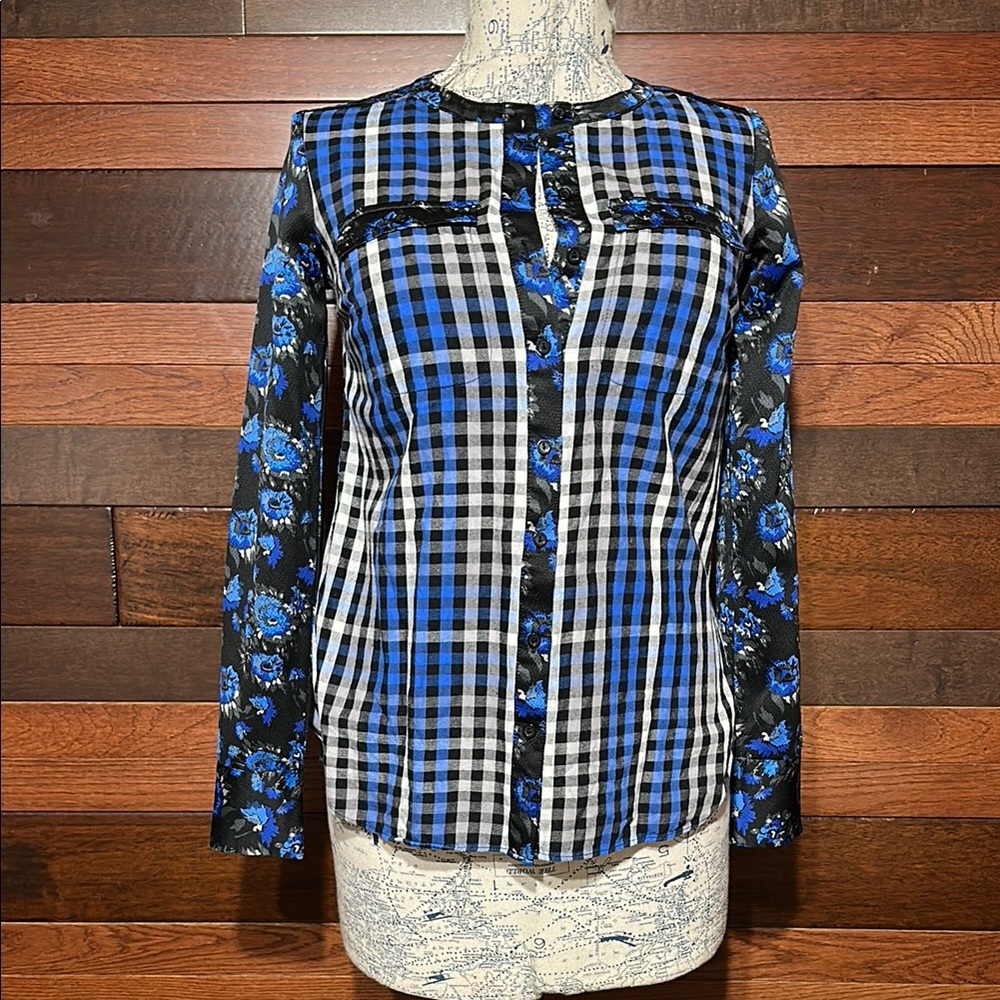 I Love ❤️ Ronson Blue and Black Floral Checkered Button Down Shirt